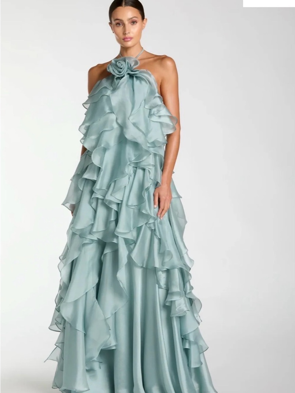 NWT- IEENA FOR MAC DUGGAL
Blue Halter Neck Open Back Trapeze Ruffle Gown